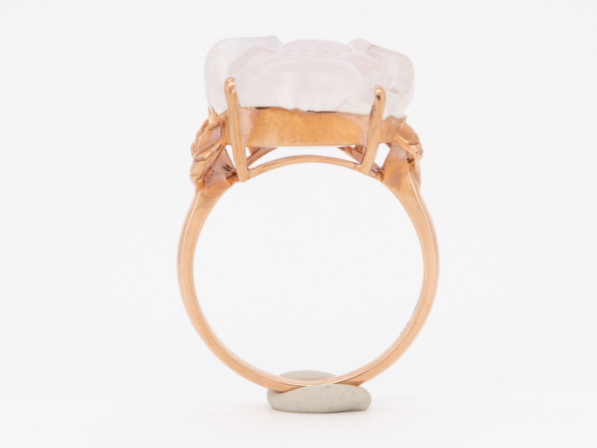 Moonstone Lotus Flower Carving 9K Rose Gold Ring with Leaf on Band Nature Inspired R6805 Aurora Designer