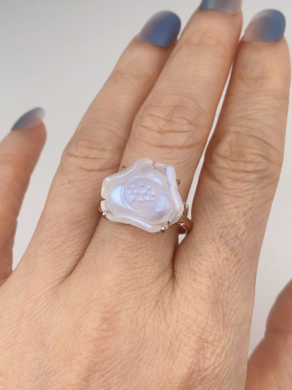 Moonstone Lotus Flower Carving 9K Rose Gold Ring with Leaf on Band Nature Inspired R6805 Aurora Designer