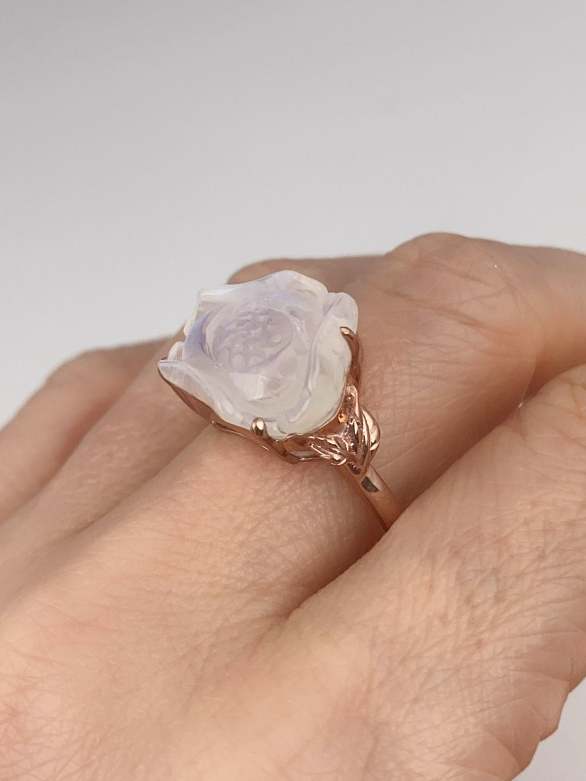 Moonstone Lotus Flower Carving 9K Rose Gold Ring with Leaf on Band Nature Inspired R6805 Aurora Designer