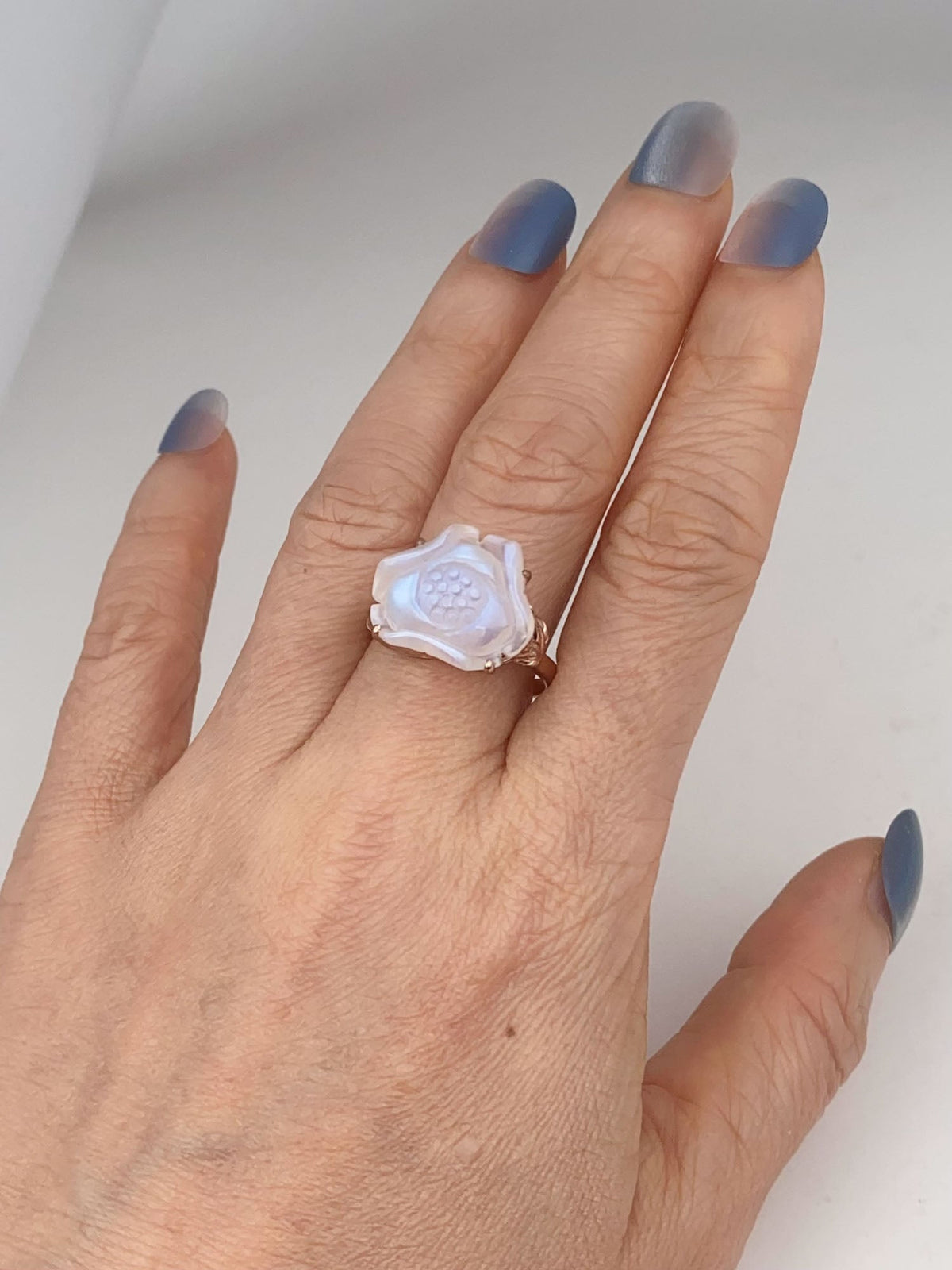 Moonstone Lotus Flower Carving 9K Rose Gold Ring with Leaf on Band Nature Inspired R6805 Aurora Designer
