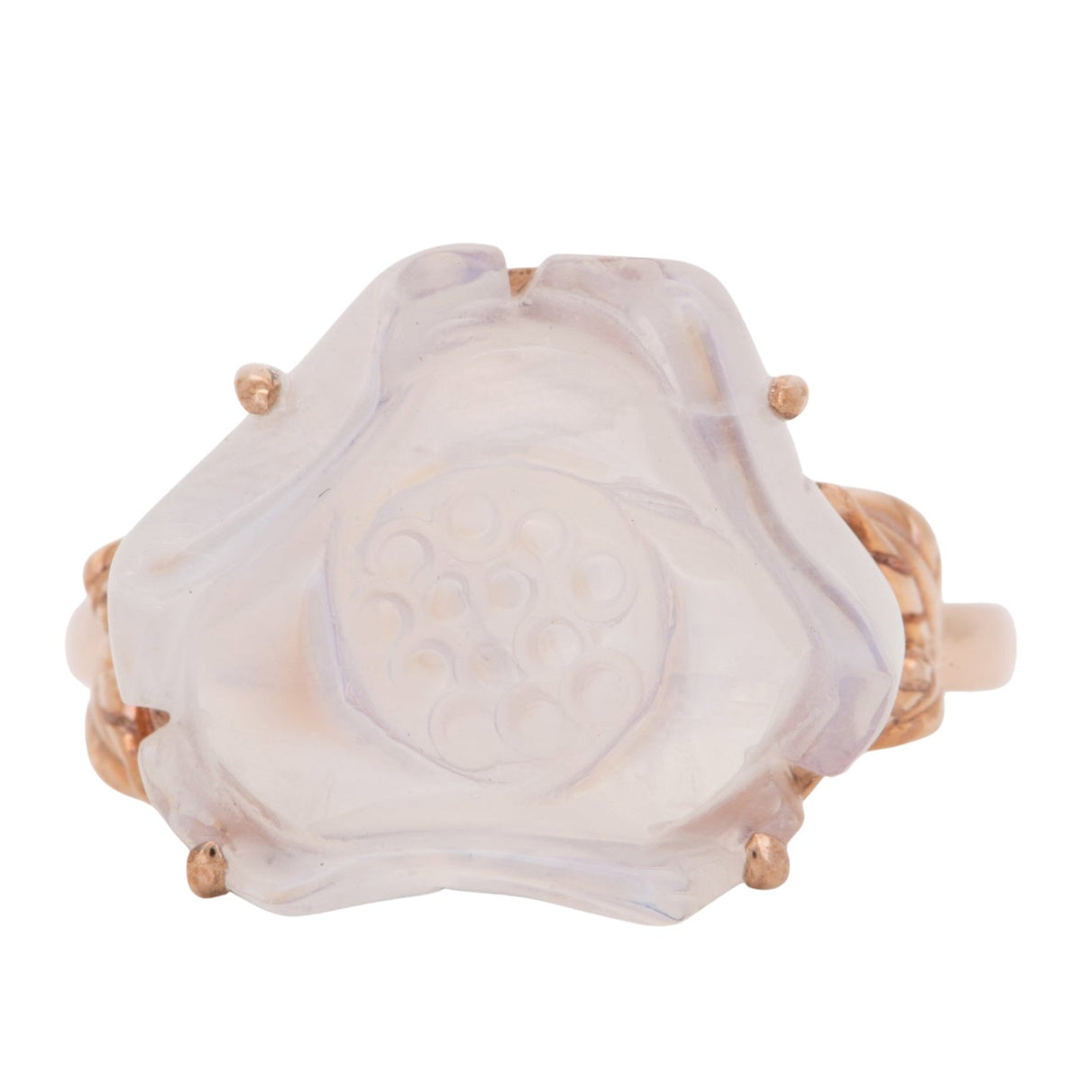Moonstone Lotus Flower Carving 9K Rose Gold Ring with Leaf on Band Nature Inspired R6805 Aurora Designer