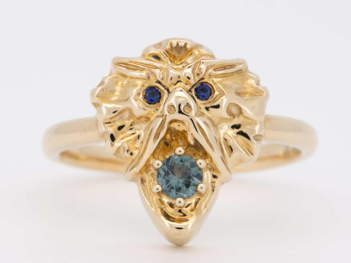 Solid 9K Gold Gargoyle Ring with Montana Sapphire Mouth Blue Eyes Vintage-Inspired Heavy Dragon Like Mythical Animal R6806 Aurora Designer
