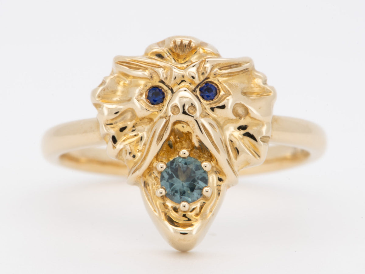 Solid 9K Gold Gargoyle Ring with Montana Sapphire Mouth Blue Eyes Vintage-Inspired Heavy Dragon Like Mythical Animal R6806 Aurora Designer