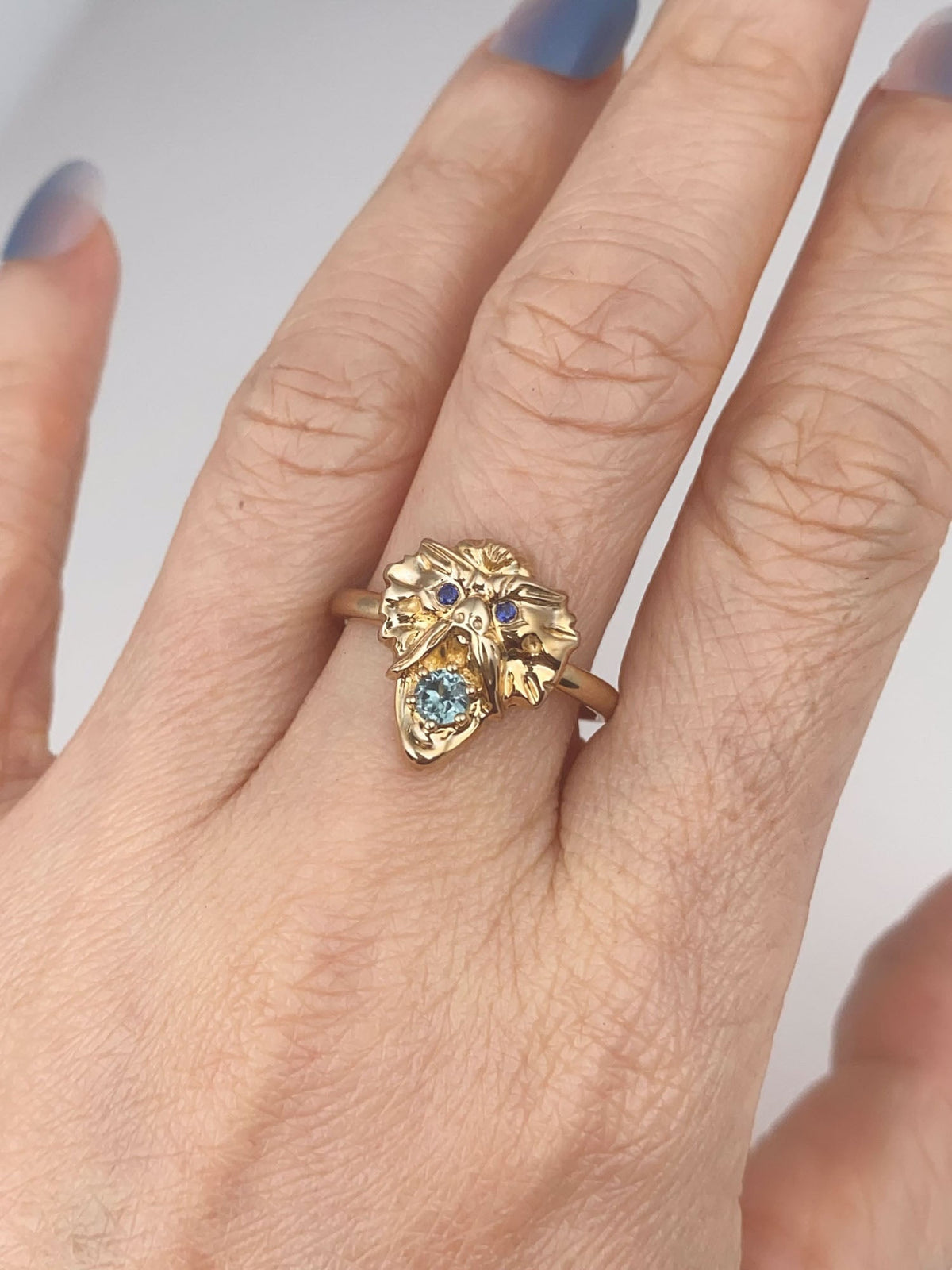 Solid 9K Gold Gargoyle Ring with Montana Sapphire Mouth Blue Eyes Vintage-Inspired Heavy Dragon Like Mythical Animal R6806 Aurora Designer