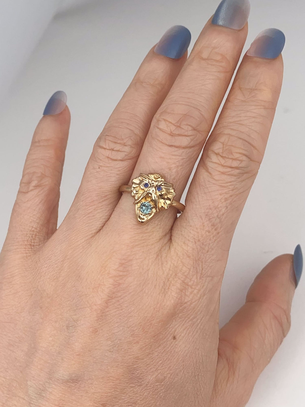 Solid 9K Gold Gargoyle Ring with Montana Sapphire Mouth Blue Eyes Vintage-Inspired Heavy Dragon Like Mythical Animal R6806 Aurora Designer