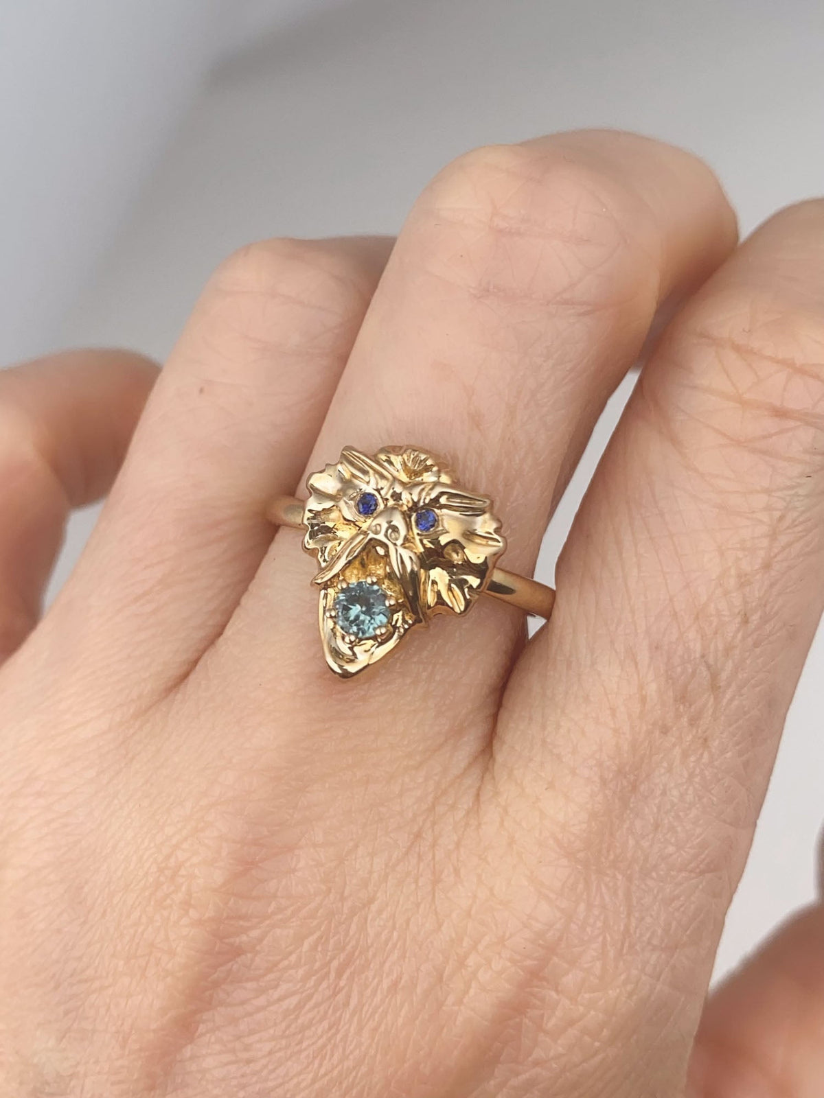 Solid 9K Gold Gargoyle Ring with Montana Sapphire Mouth Blue Eyes Vintage-Inspired Heavy Dragon Like Mythical Animal R6806 Aurora Designer