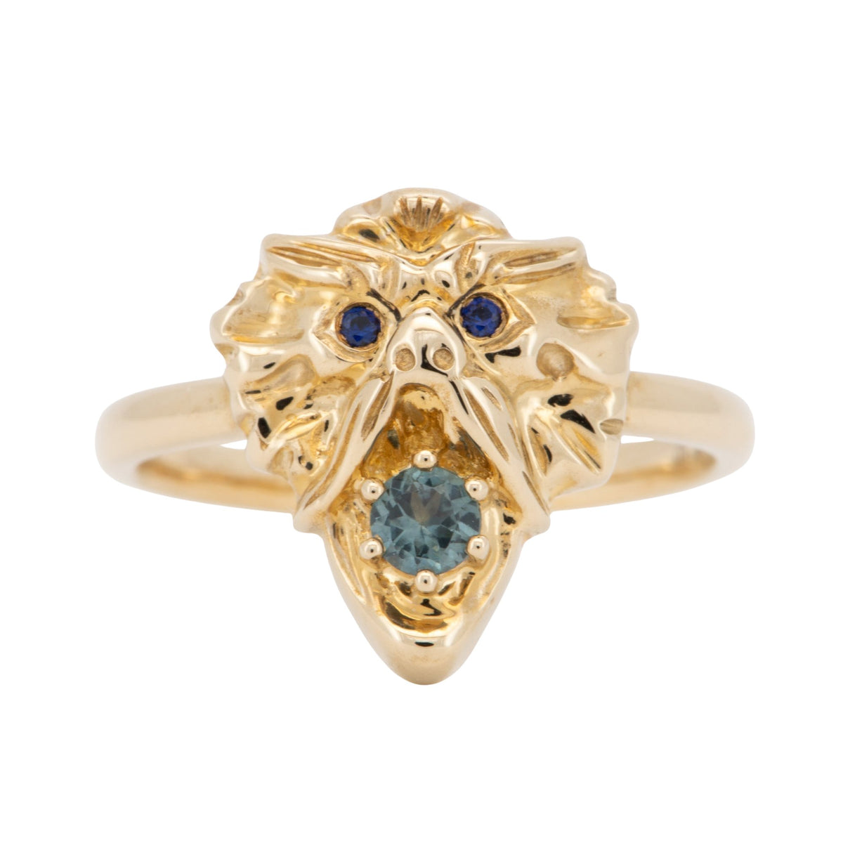 Solid 9K Gold Gargoyle Ring with Montana Sapphire Mouth Blue Eyes Vintage-Inspired Heavy Dragon Like Mythical Animal R6806 Aurora Designer