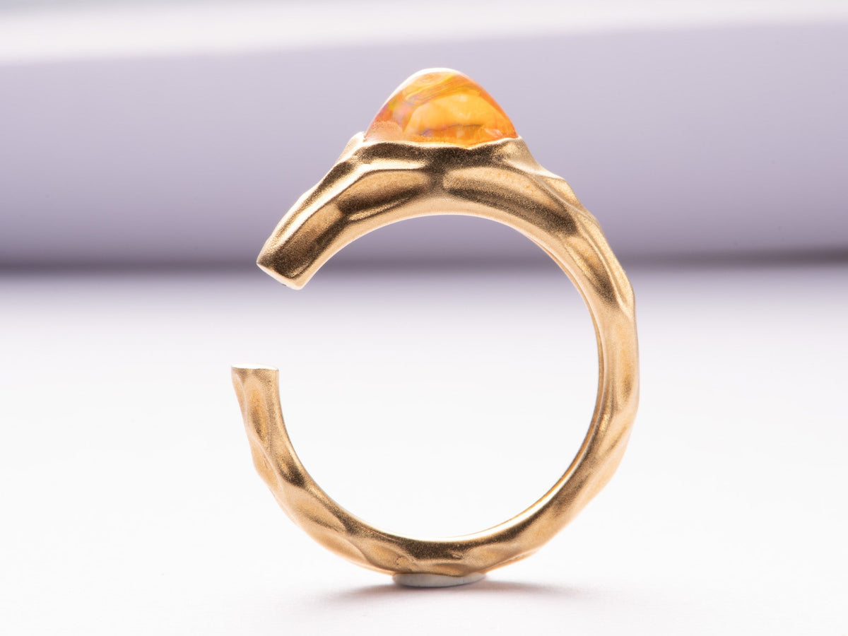 Freeform Mexican Fire Opal 18K Gold Open End Ring Organic Fluid Molten Style Matte Finish R6807 Aurora Designer