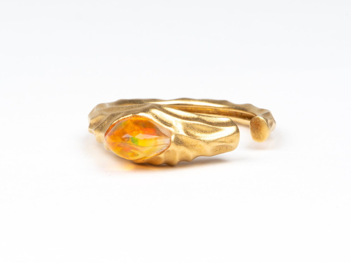 Freeform Mexican Fire Opal 18K Gold Open End Ring Organic Fluid Molten Style Matte Finish R6807 Aurora Designer