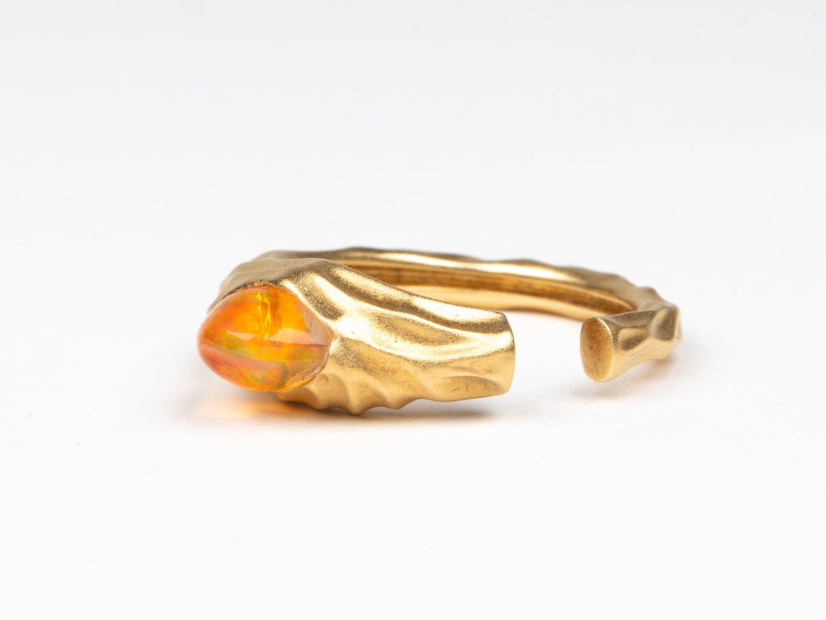 Freeform Mexican Fire Opal 18K Gold Open End Ring Organic Fluid Molten Style Matte Finish R6807 Aurora Designer