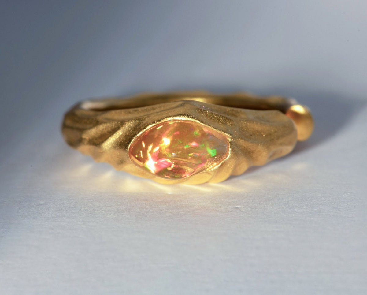 Freeform Mexican Fire Opal 18K Gold Open End Ring R6807 Aurora Designer