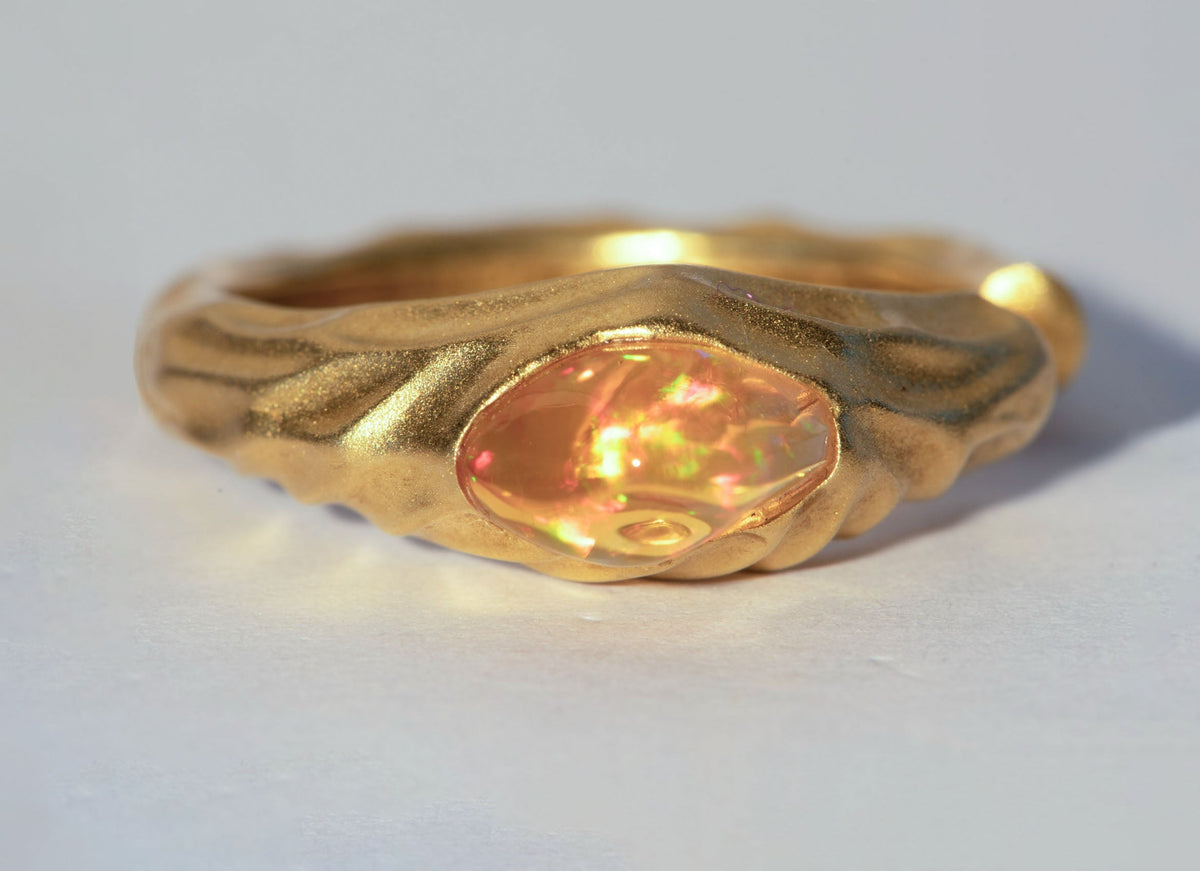 Freeform Mexican Fire Opal 18K Gold Open End Ring R6807 Aurora Designer