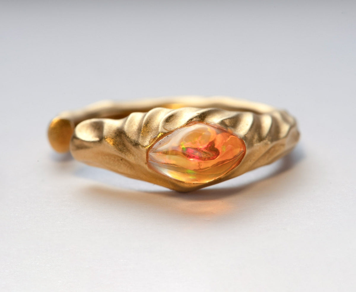 Freeform Mexican Fire Opal 18K Gold Open End Ring R6807 Aurora Designer