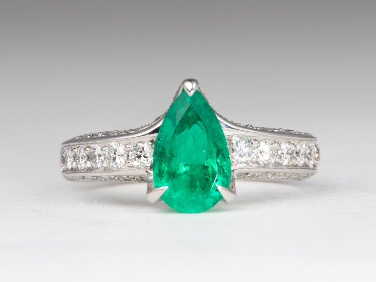 Certified High Quality 1.62ct Colombian Emerald Ring with Diamond Pave Band Platinum 7.87g R6809 Aurora Designer