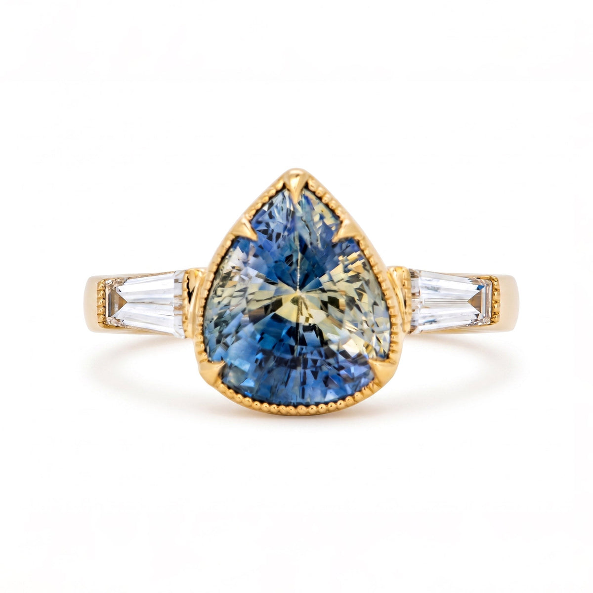 14K Gold Engagement Ring with 4.4ct Multi Color Sapphire with Tapered Baguette Diamond Sides R6811 Aurora Designer