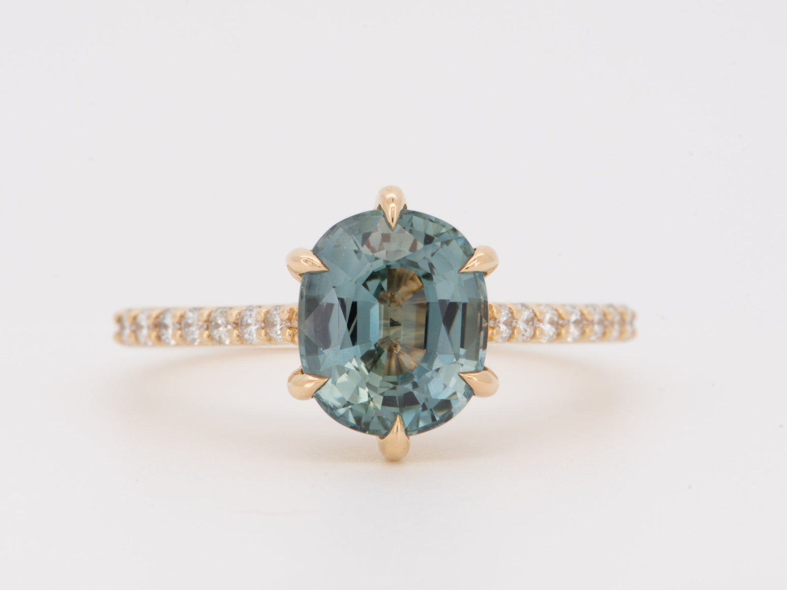 Solid 14K Gold 2.86ct Bi-Color Teal Sapphire Engagement Ring with Diamond Pave Band R6812 Aurora Designer