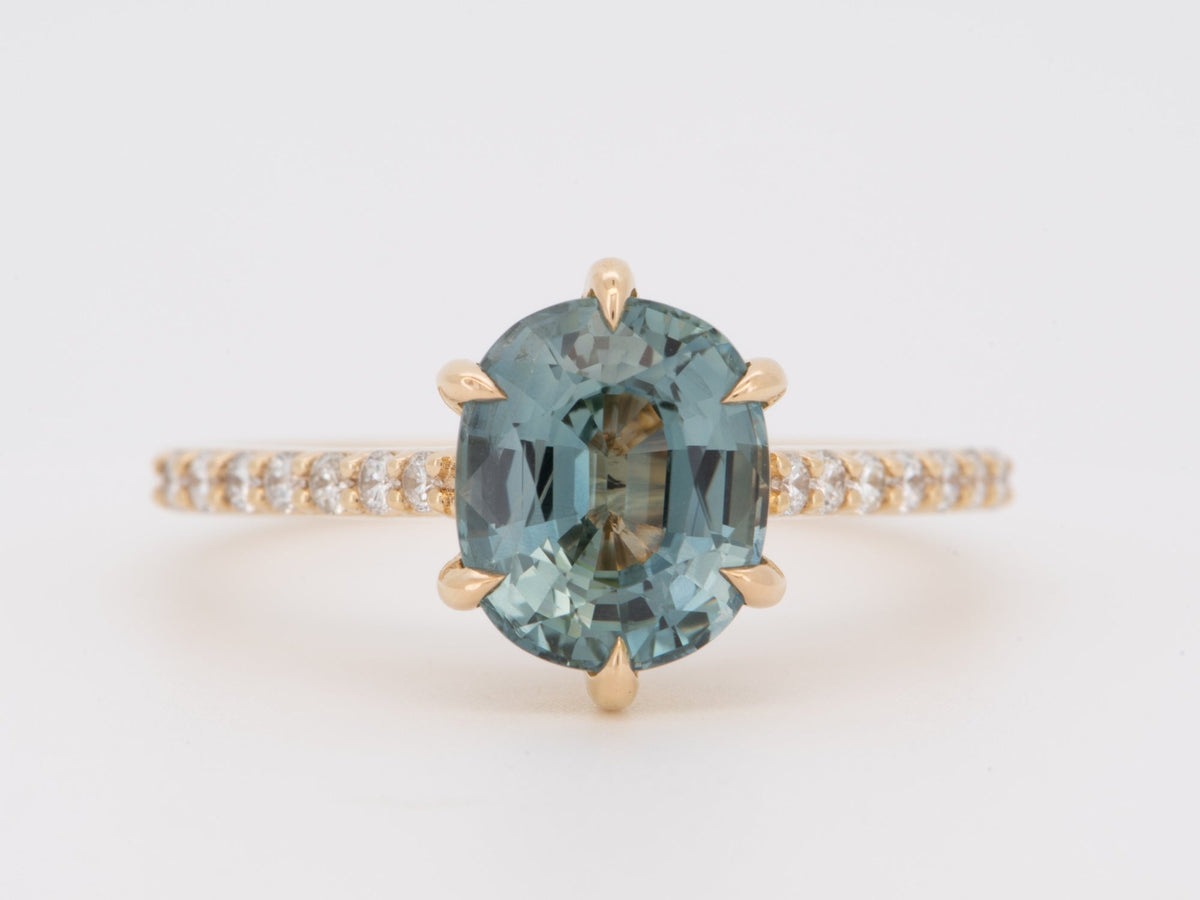 Solid 14K Gold 2.86ct Bi-Color Teal Sapphire Engagement Ring with Diamond Pave Band R6812 Aurora Designer