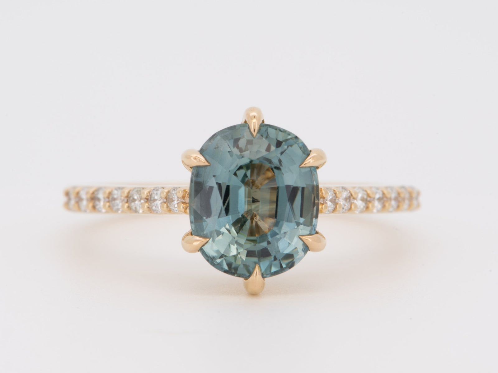 Solid 14K Gold 2.86ct Bi-Color Teal Sapphire Engagement Ring with Diamond Pave Band R6812 Aurora Designer