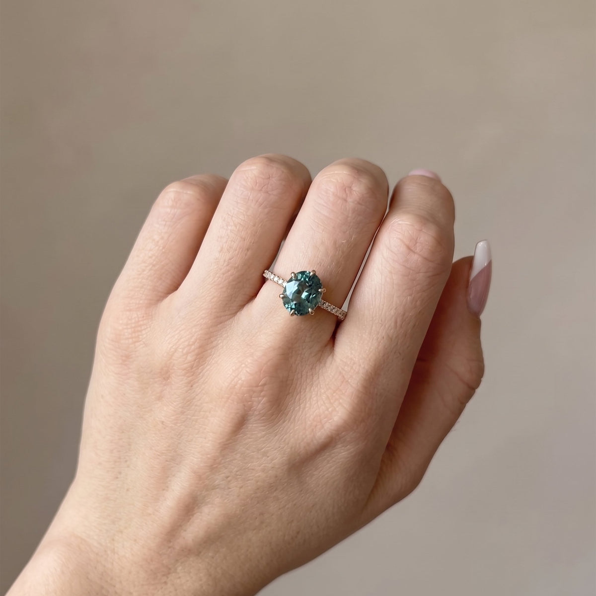 Solid 14K Gold 2.86ct Bi-Color Teal Sapphire Engagement Ring with Diamond Pave Band R6812 Aurora Designer