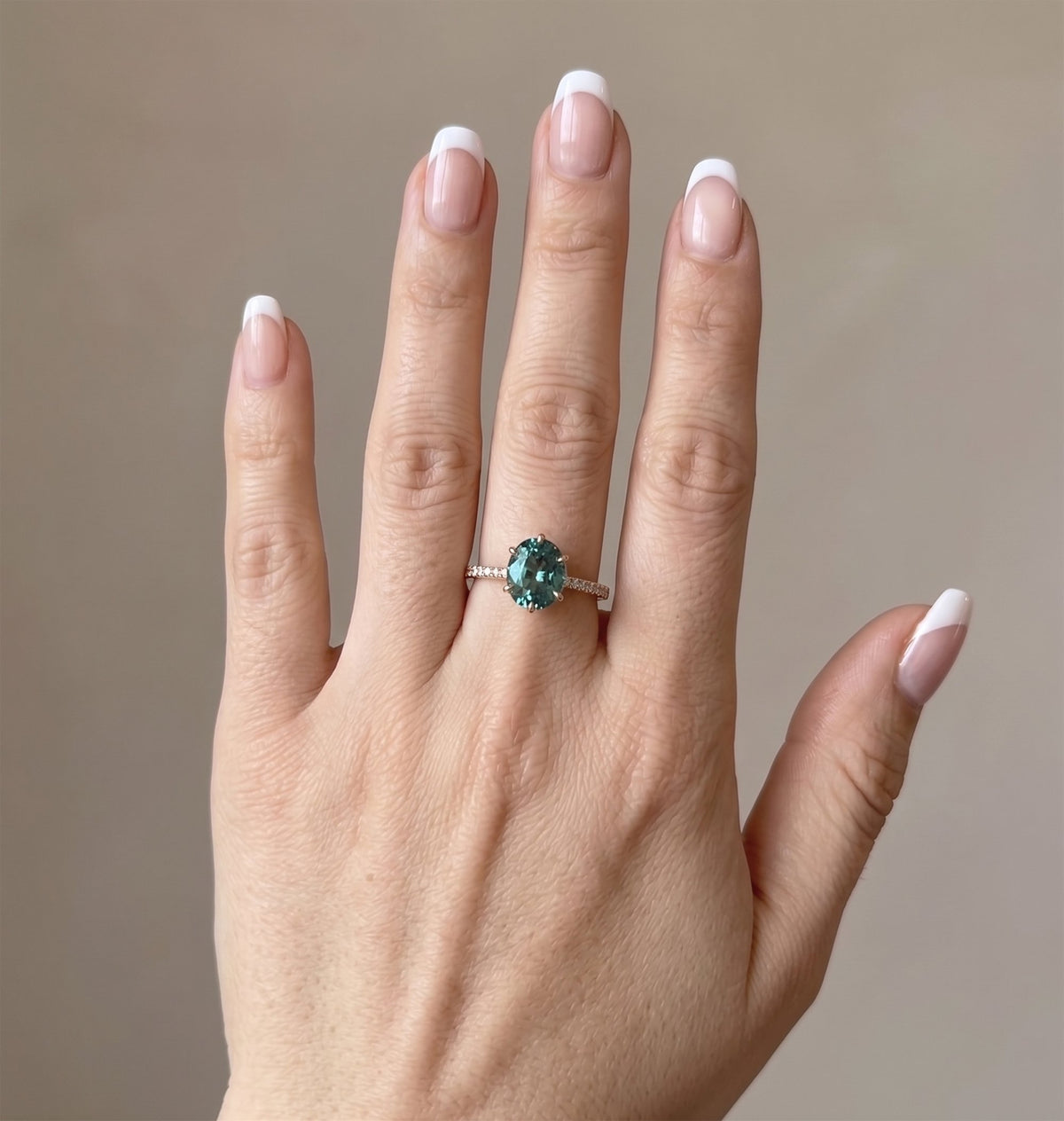 Solid 14K Gold 2.86ct Bi-Color Teal Sapphire Engagement Ring with Diamond Pave Band R6812 Aurora Designer