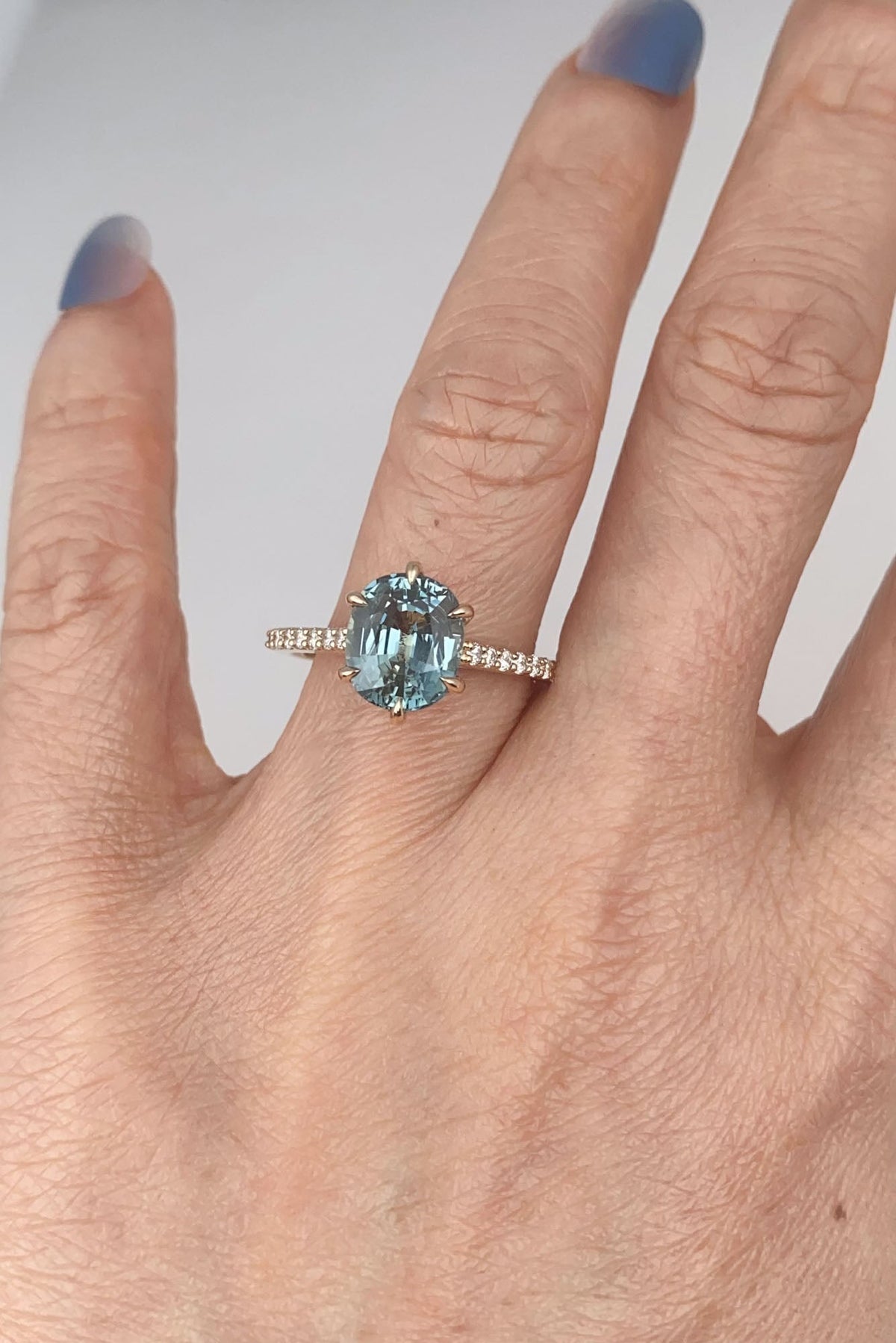 Solid 14K Gold 2.86ct Bi-Color Teal Sapphire Engagement Ring with Diamond Pave Band R6812 Aurora Designer
