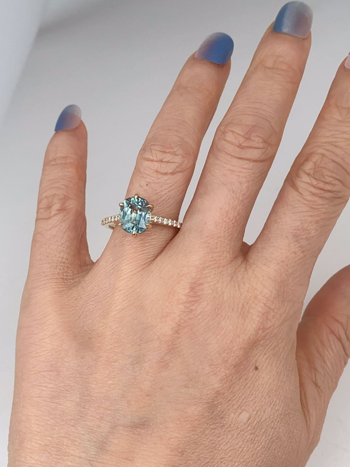 Solid 14K Gold 2.86ct Bi-Color Teal Sapphire Engagement Ring with Diamond Pave Band R6812 Aurora Designer