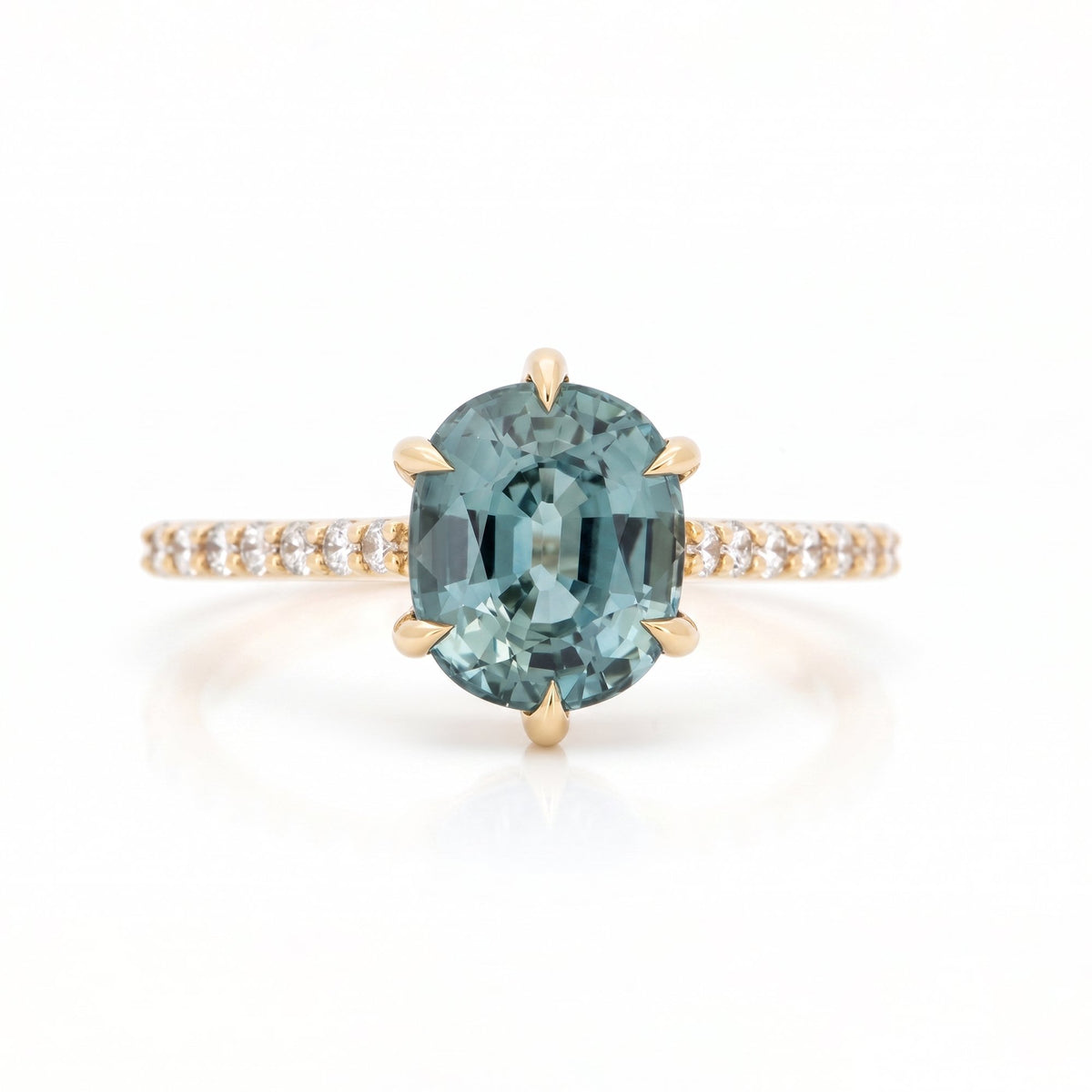 Solid 14K Gold 2.86ct Bi-Color Teal Sapphire Engagement Ring with Diamond Pave Band R6812 Aurora Designer