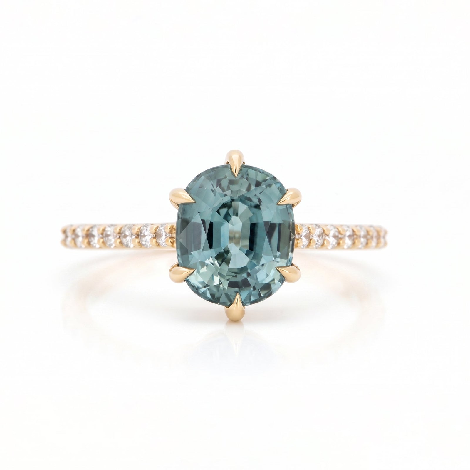 Solid 14K Gold 2.86ct Bi-Color Teal Sapphire Engagement Ring with Diamond Pave Band R6812 Aurora Designer