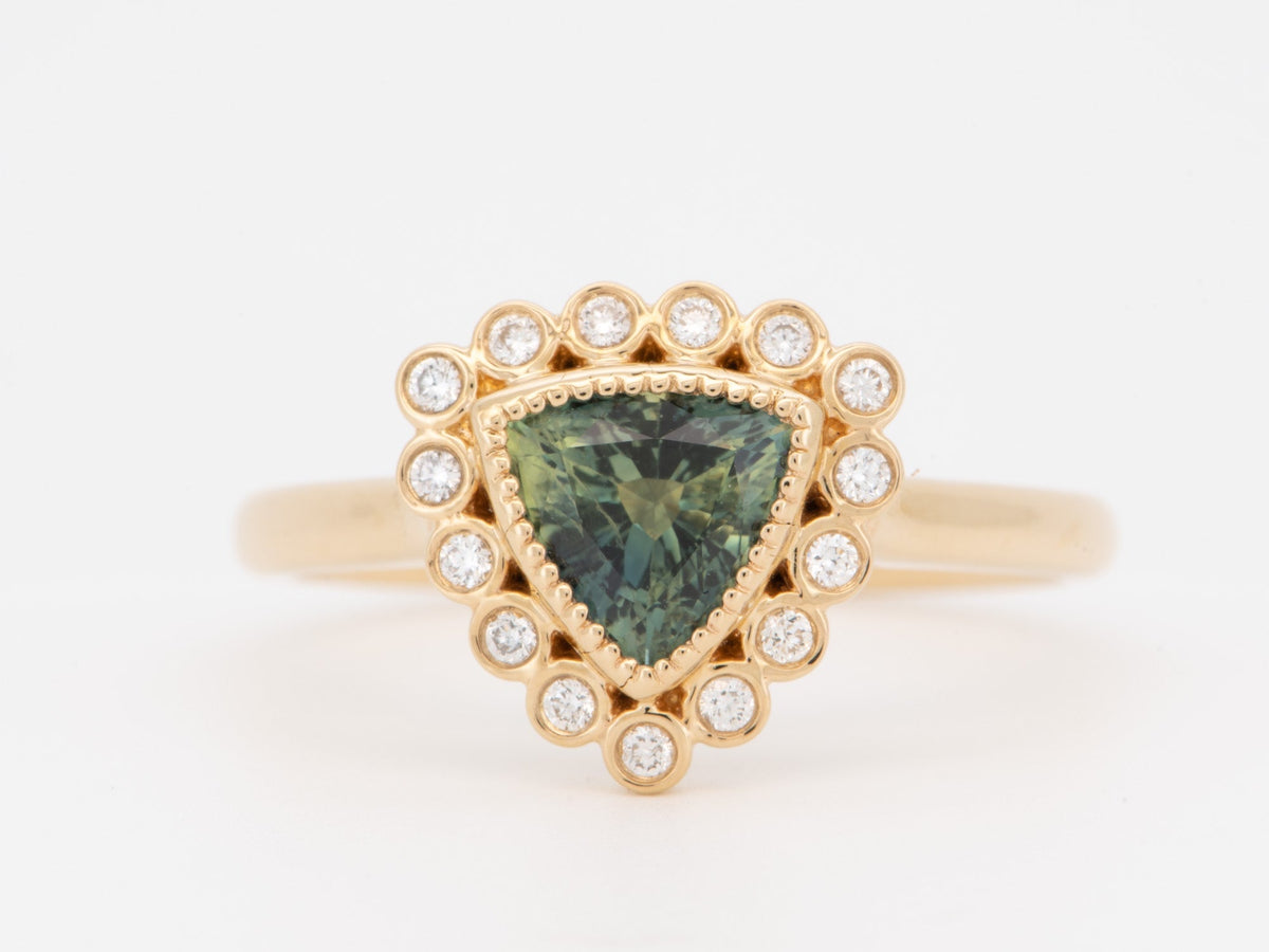 1.47ct Teal Blue Trillion Sapphire with Diamond Halo Engagement Ring 14K Gold R6581 Aurora Designer
