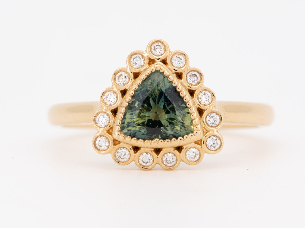 1.47ct Teal Blue Trillion Sapphire with Diamond Halo Engagement Ring 14K Gold R6581 Aurora Designer