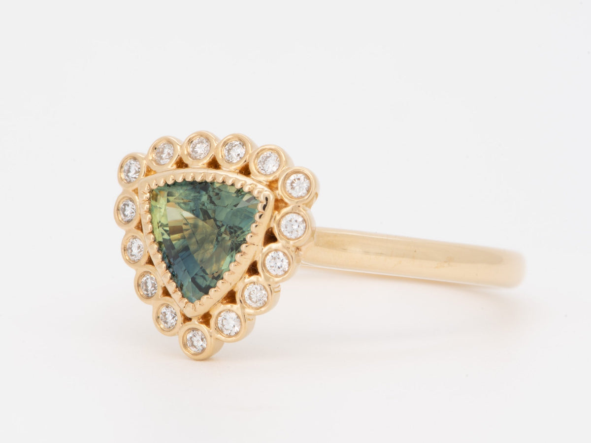 1.47ct Teal Blue Trillion Sapphire with Diamond Halo Engagement Ring 14K Gold R6581 Aurora Designer