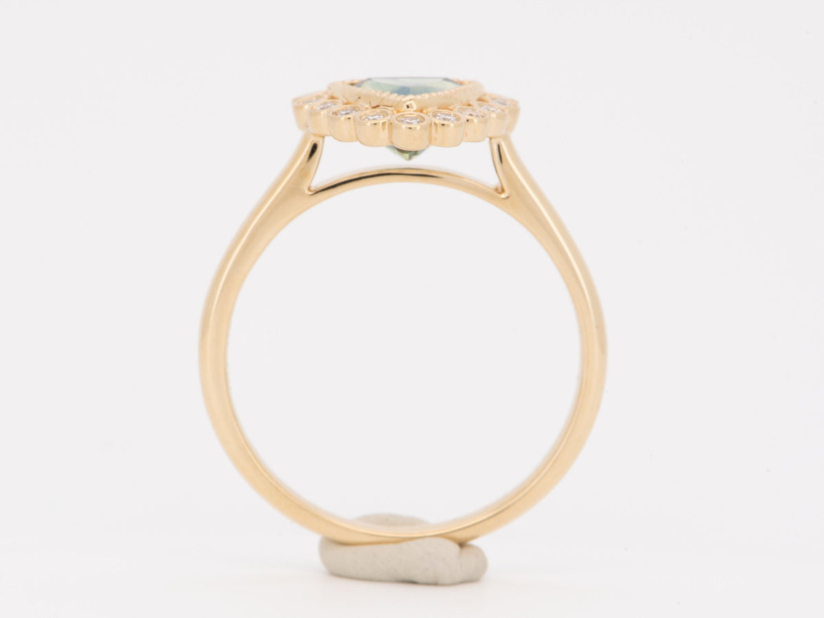 1.47ct Teal Blue Trillion Sapphire with Diamond Halo Engagement Ring 14K Gold R6581 Aurora Designer