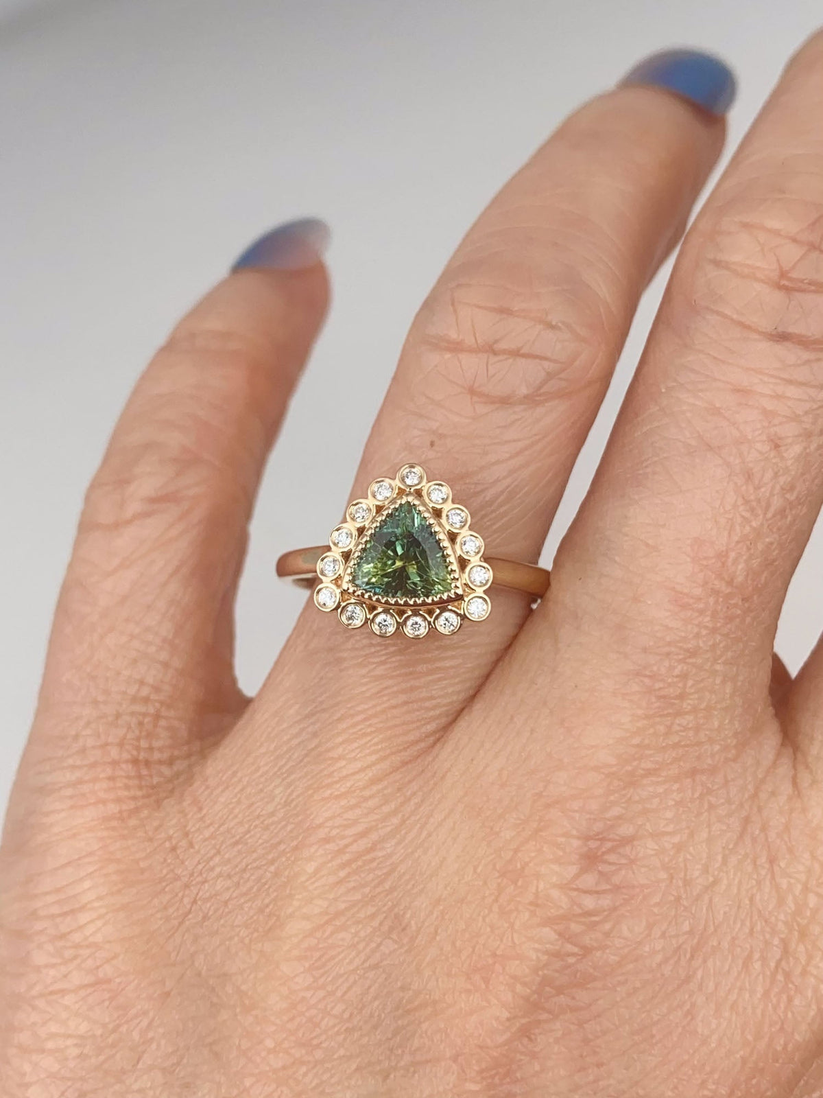 1.47ct Teal Blue Trillion Sapphire with Diamond Halo Engagement Ring 14K Gold R6581 Aurora Designer