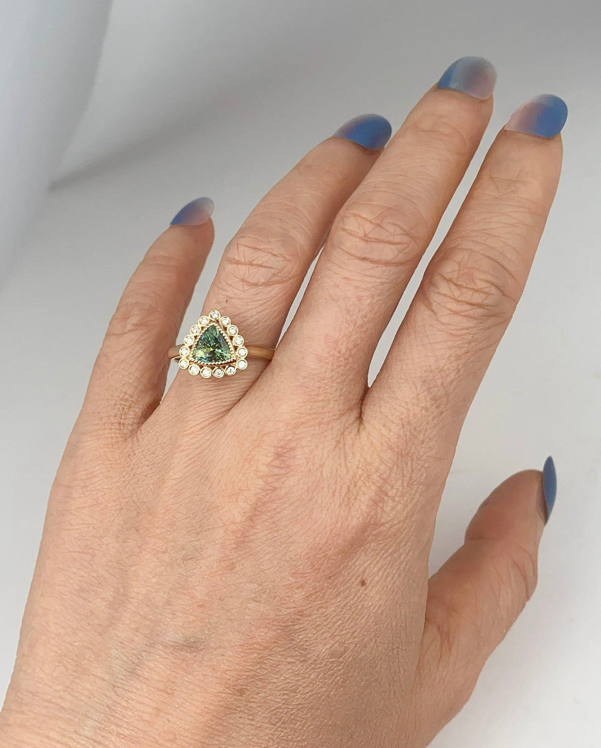 1.47ct Teal Blue Trillion Sapphire with Diamond Halo Engagement Ring 14K Gold R6581 Aurora Designer