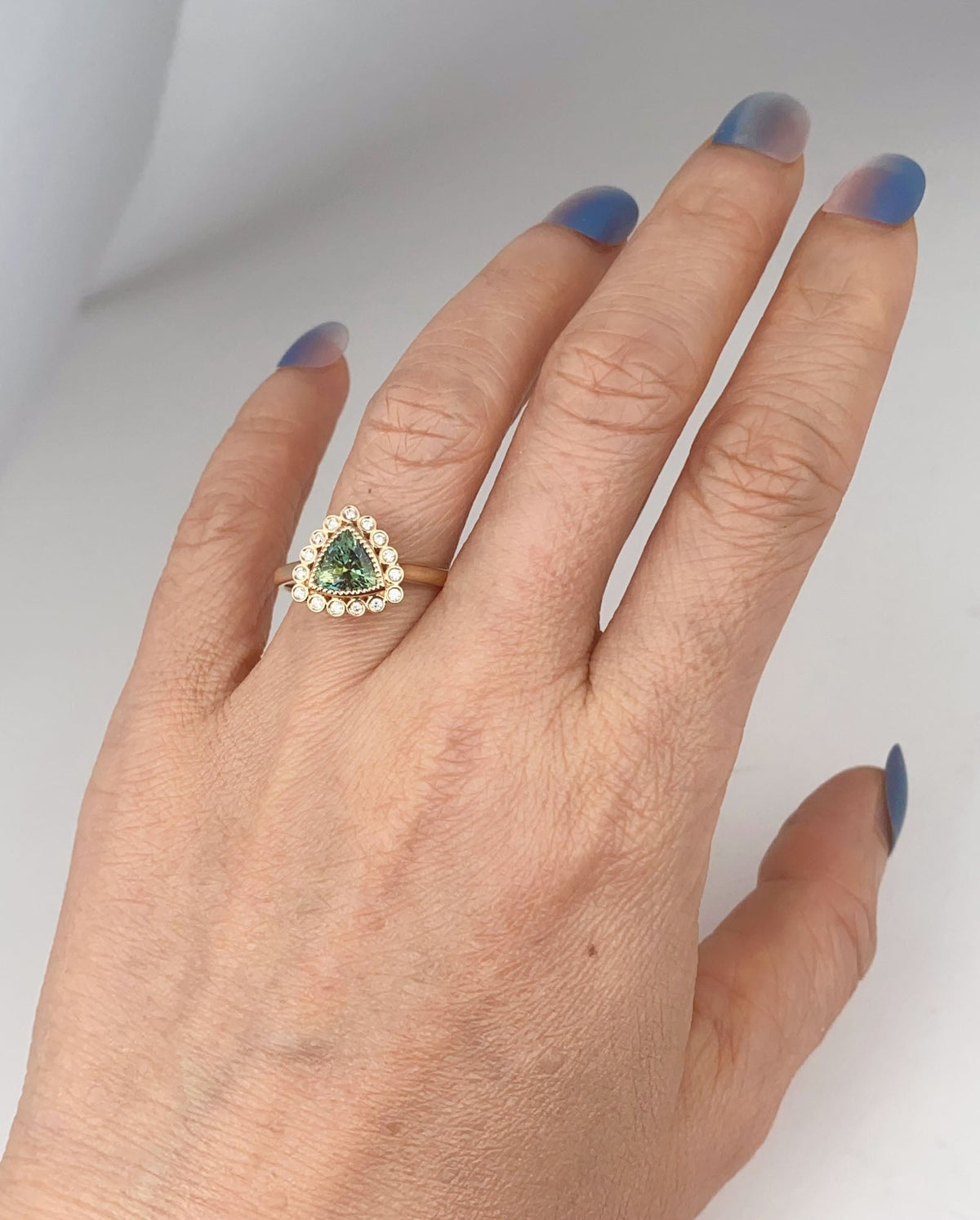 1.47ct Teal Blue Trillion Sapphire with Diamond Halo Engagement Ring 14K Gold R6581 Aurora Designer