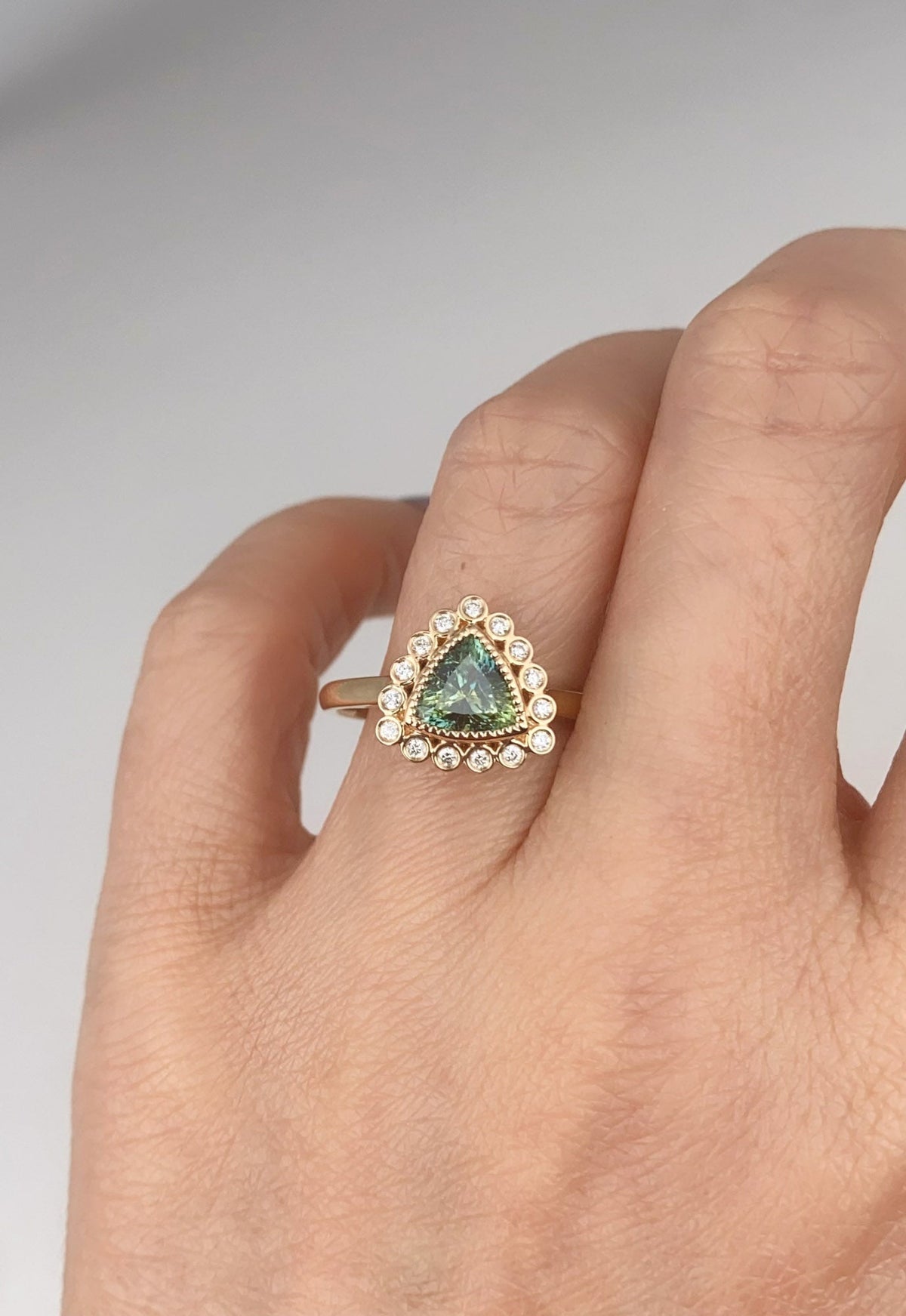 1.47ct Teal Blue Trillion Sapphire with Diamond Halo Engagement Ring 14K Gold R6581 Aurora Designer