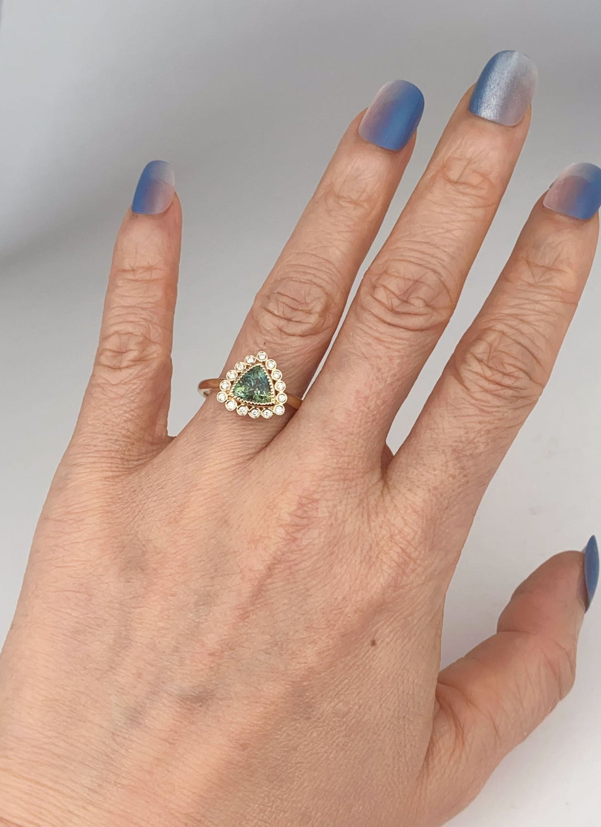 1.47ct Teal Blue Trillion Sapphire with Diamond Halo Engagement Ring 14K Gold R6581 Aurora Designer