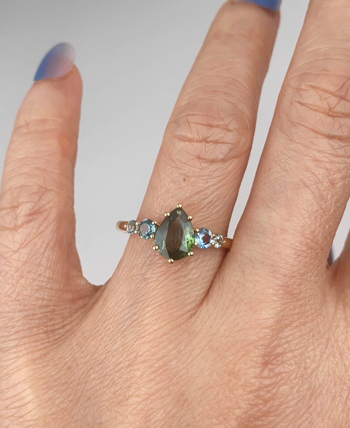 Solid 14K Gold Montana and Nigerian Teal Sapphire Five-Stone Cluster Ring or for Engagement R6815 Aurora Designer