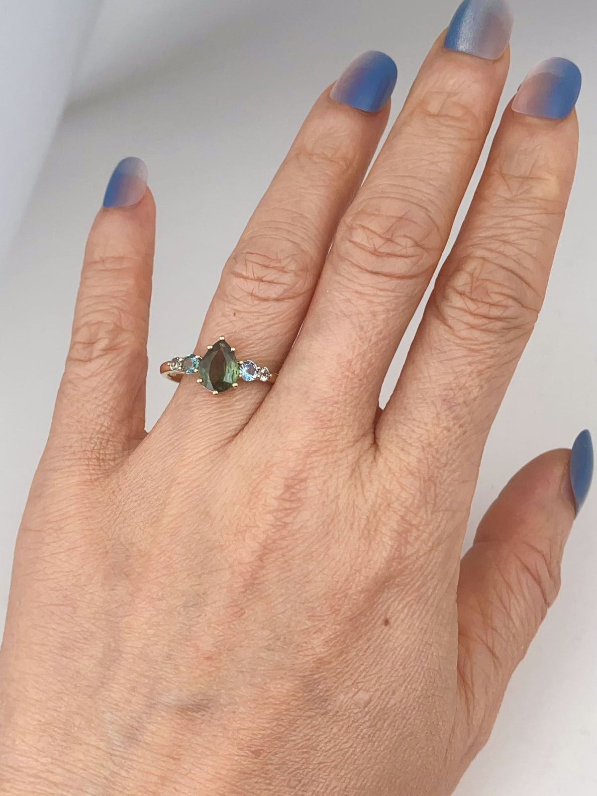 Solid 14K Gold Montana and Nigerian Teal Sapphire Five-Stone Cluster Ring or for Engagement R6815 Aurora Designer