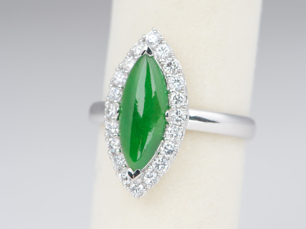 Platinum Natural Burmese Jade Jadeite with Diamond Halo Ring Natural Green Gemstone Right Hand Ring R6820