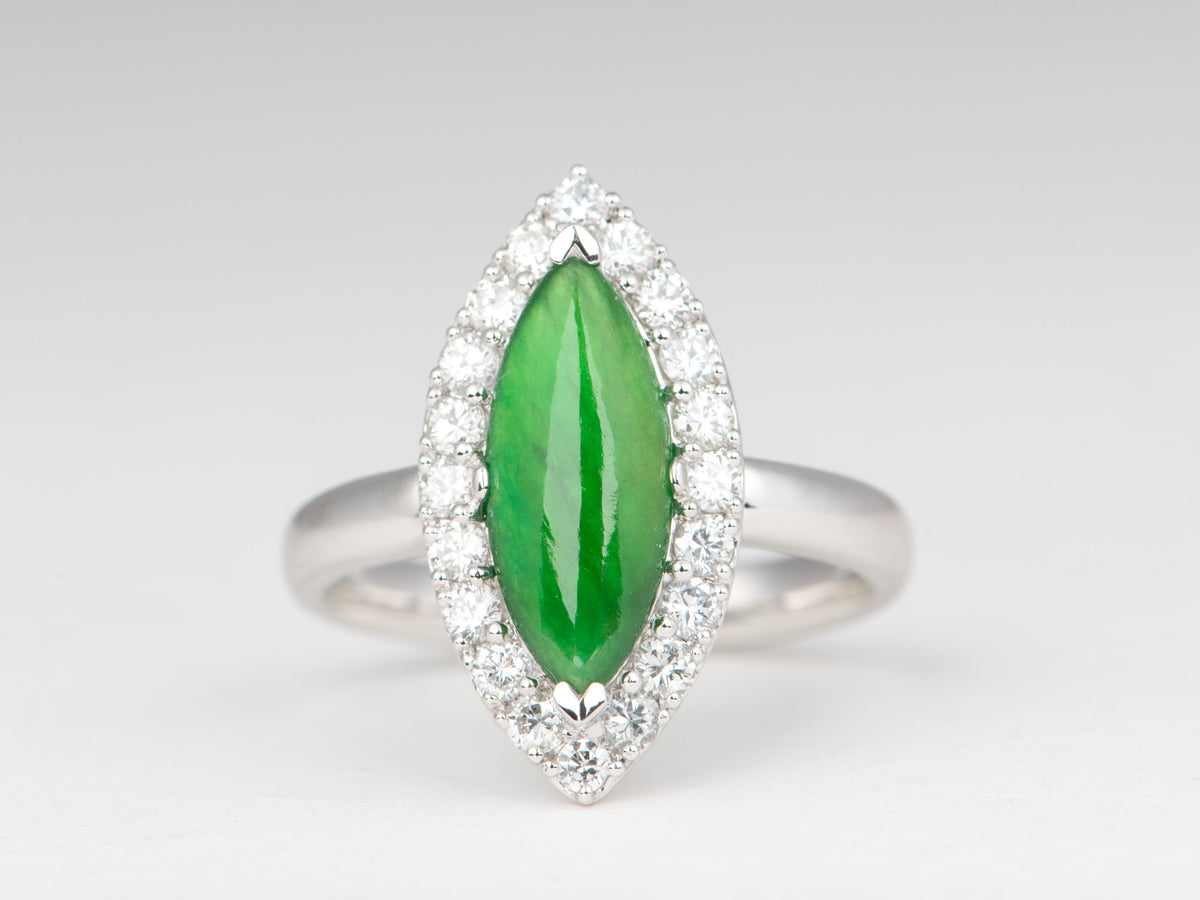 Platinum Natural Burmese Jade Jadeite with Diamond Halo Ring Natural Green Gemstone Right Hand Ring R6820