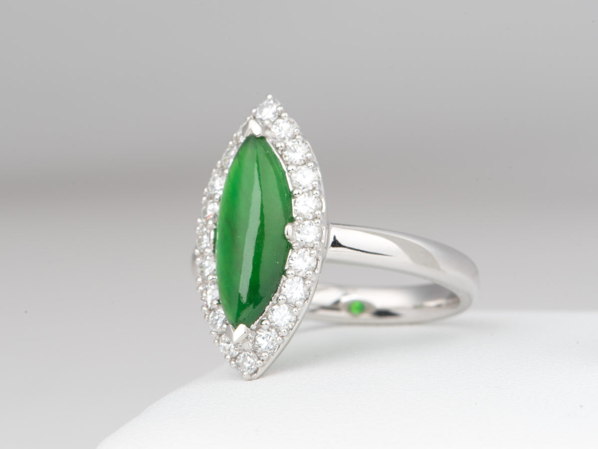 Platinum Natural Burmese Jade Jadeite with Diamond Halo Ring Natural Green Gemstone Right Hand Ring R6820