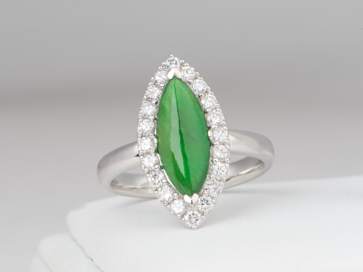 Platinum Natural Burmese Jade Jadeite with Diamond Halo Ring Natural Green Gemstone Right Hand Ring R6820