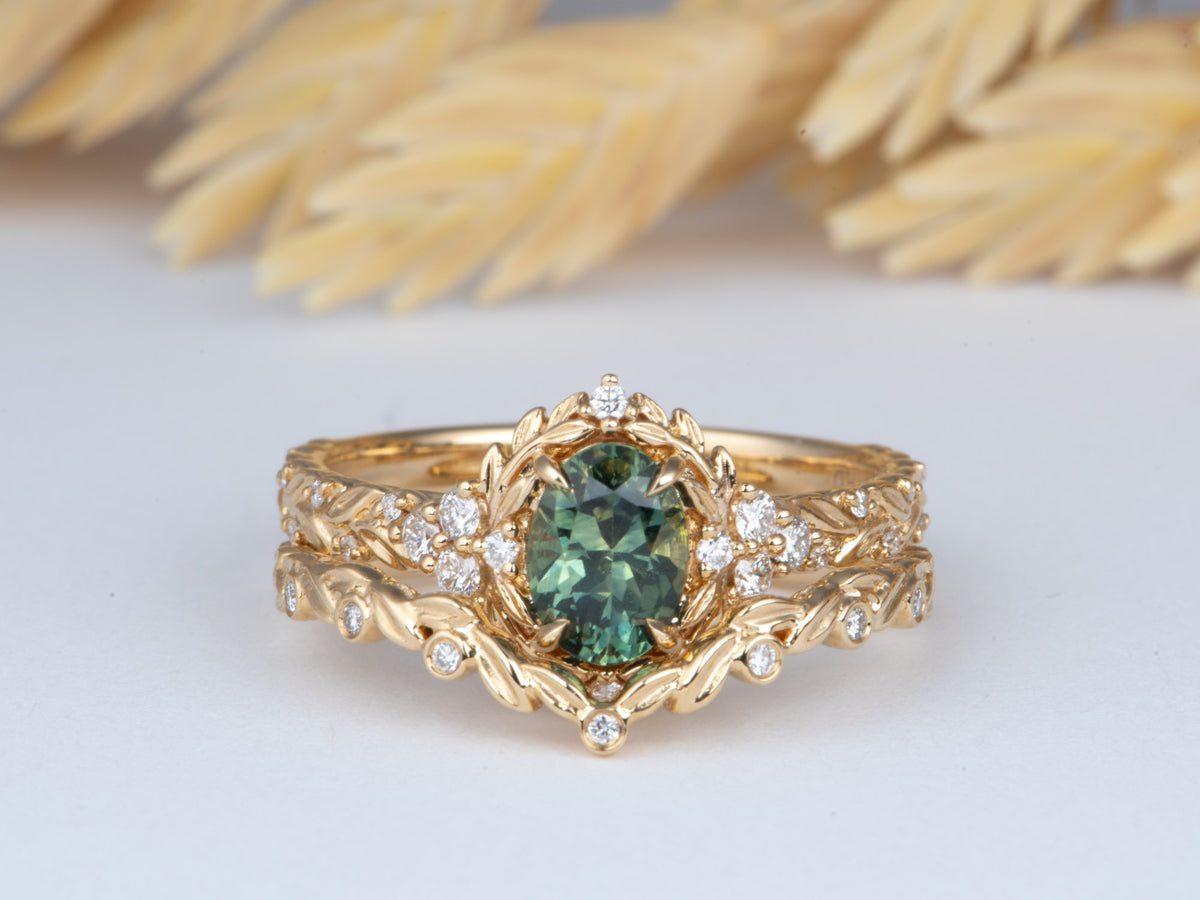 14K Gold Montana Sapphire Leaf Engagement Ring Set with Matching Wedding Band