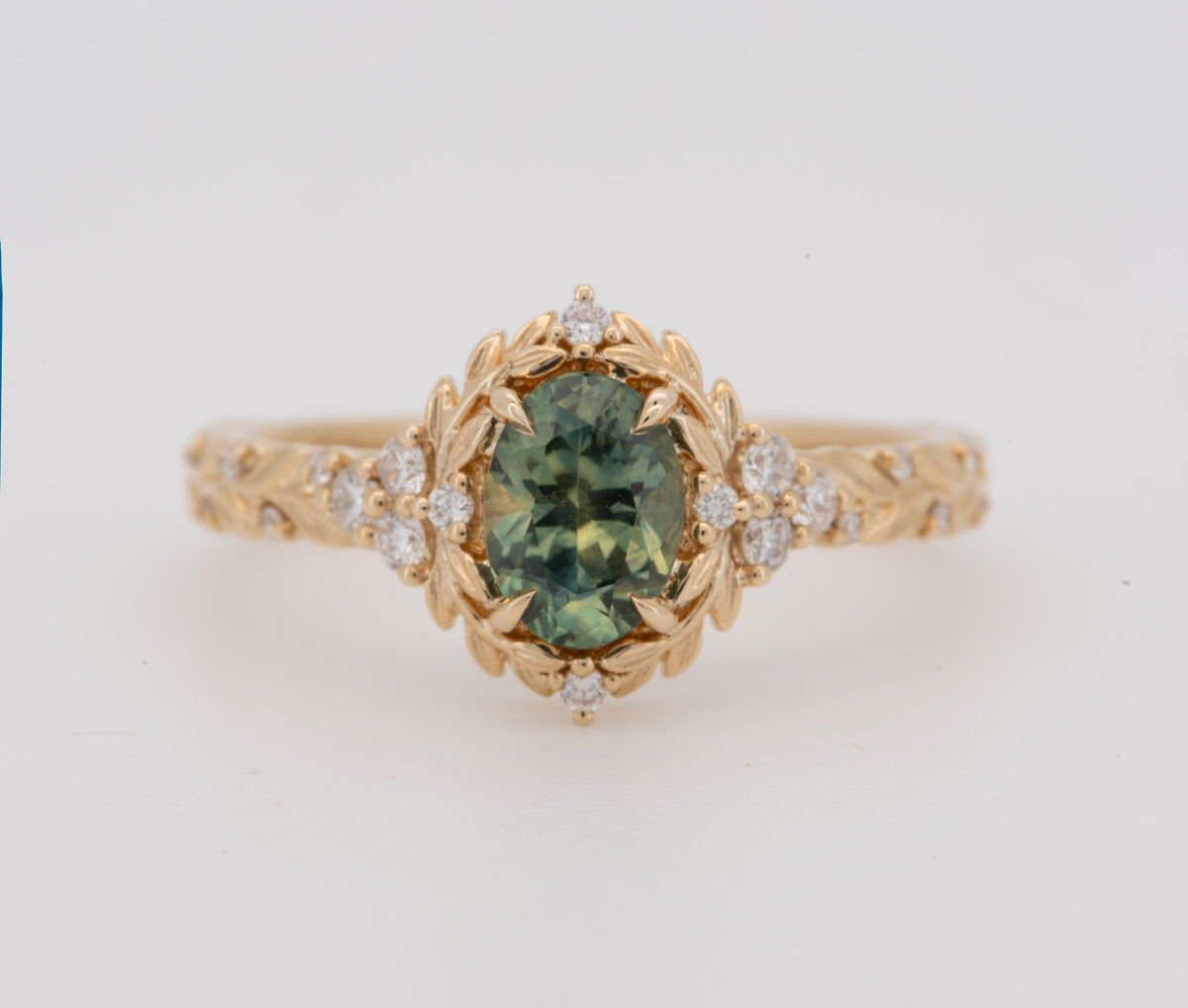 14K Gold Montana Sapphire Leaf Engagement Ring Set with Matching Wedding Band