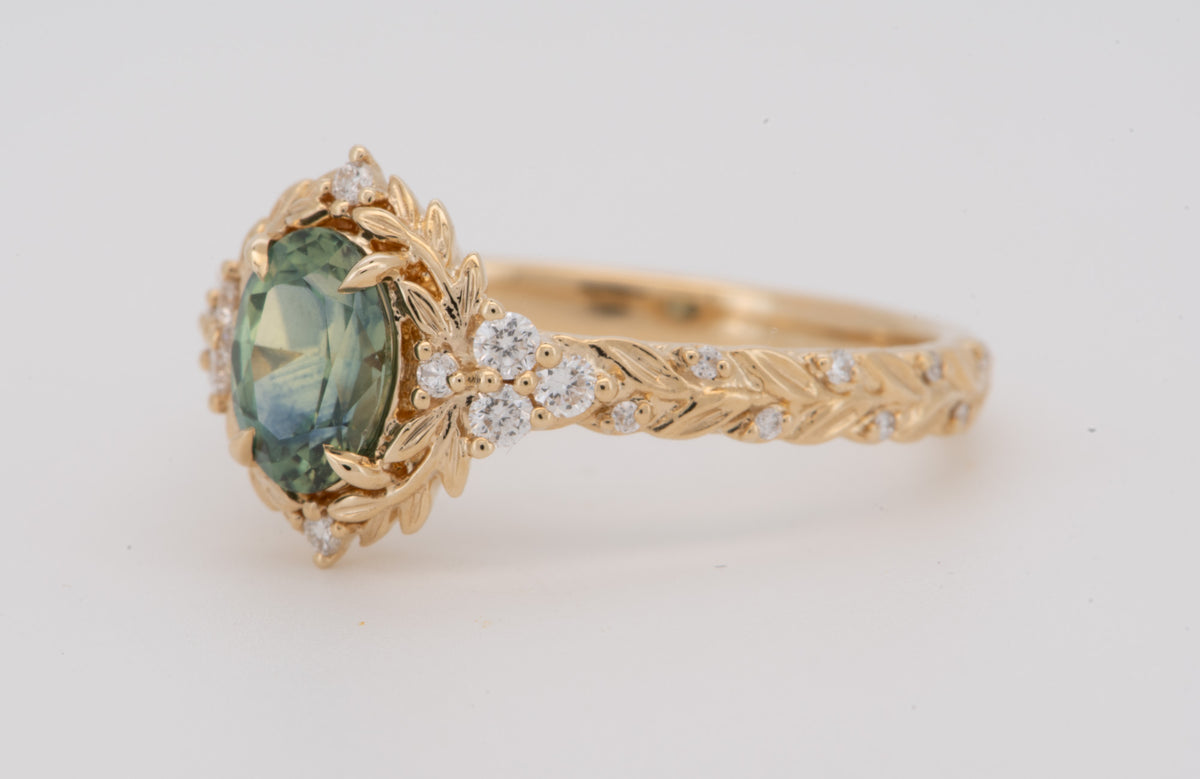 14K Gold Montana Sapphire Leaf Engagement Ring Set with Matching Wedding Band