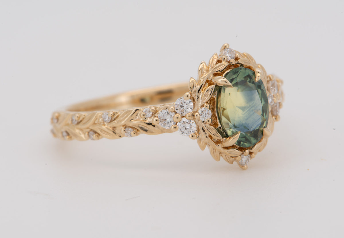 14K Gold Montana Sapphire Leaf Engagement Ring Set with Matching Wedding Band