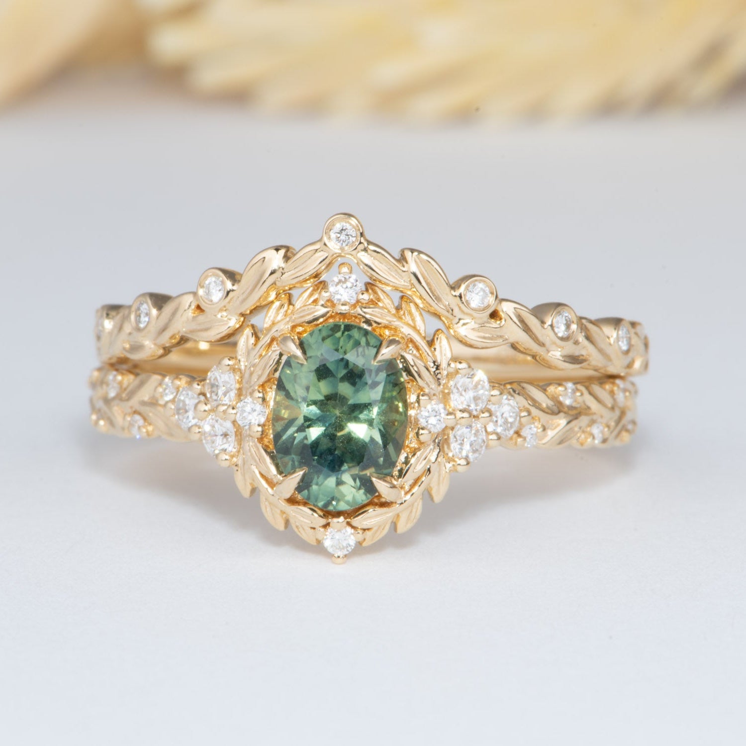 14K Gold Montana Sapphire Leaf Engagement Ring Set with Matching Wedding Band