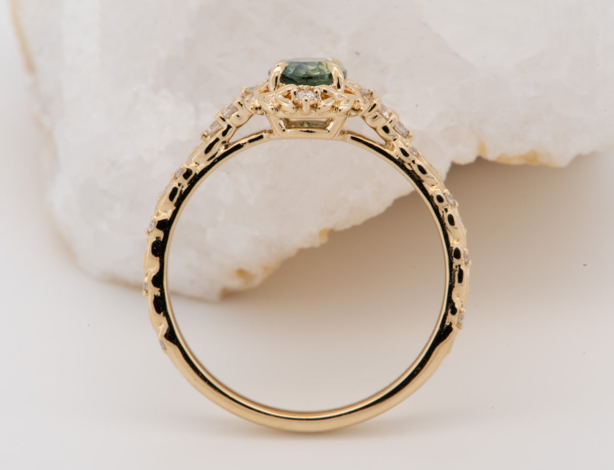 14K Gold Montana Sapphire Leaf Engagement Ring Set with Matching Wedding Band