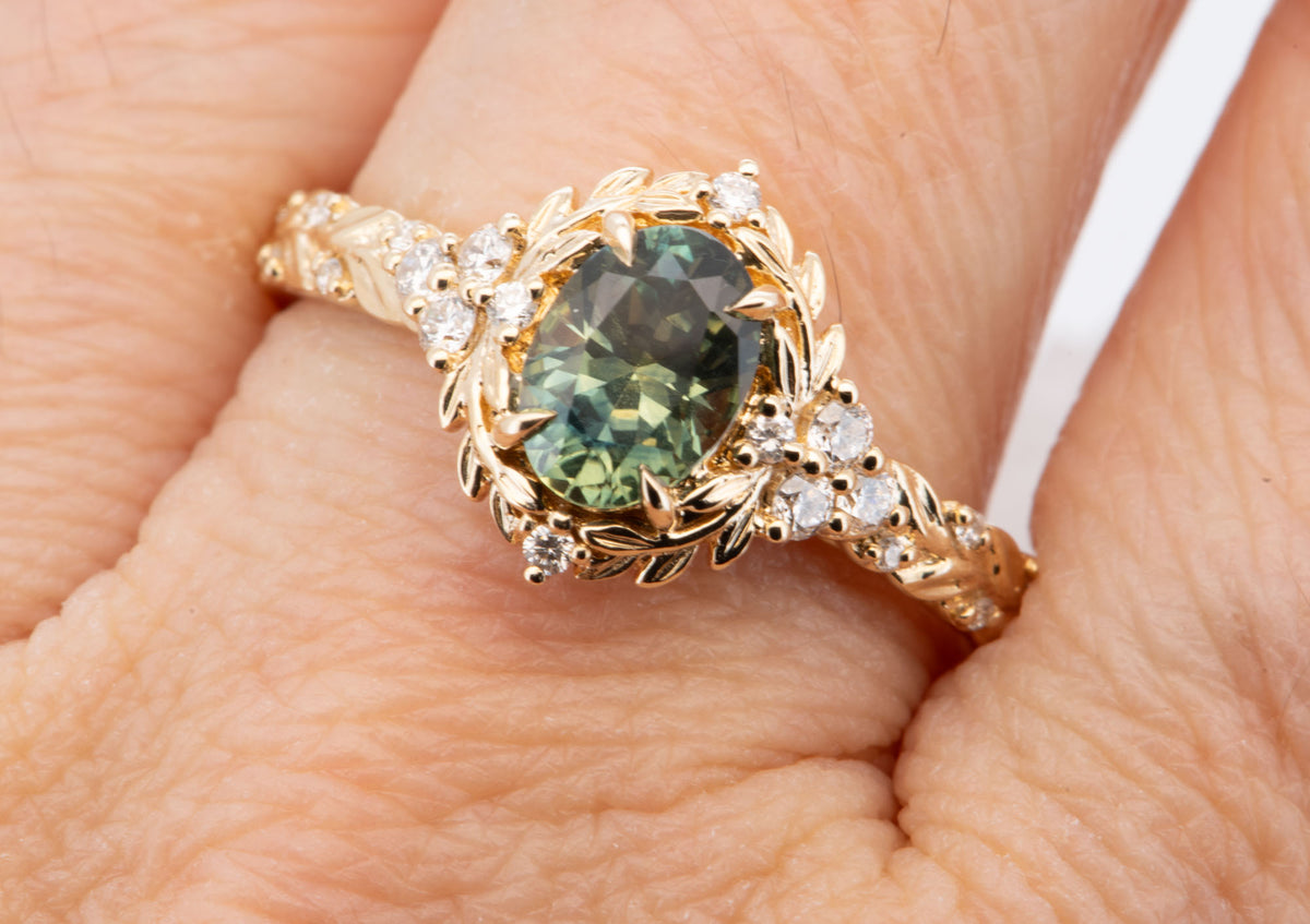 14K Gold Montana Sapphire Leaf Engagement Ring Set with Matching Wedding Band